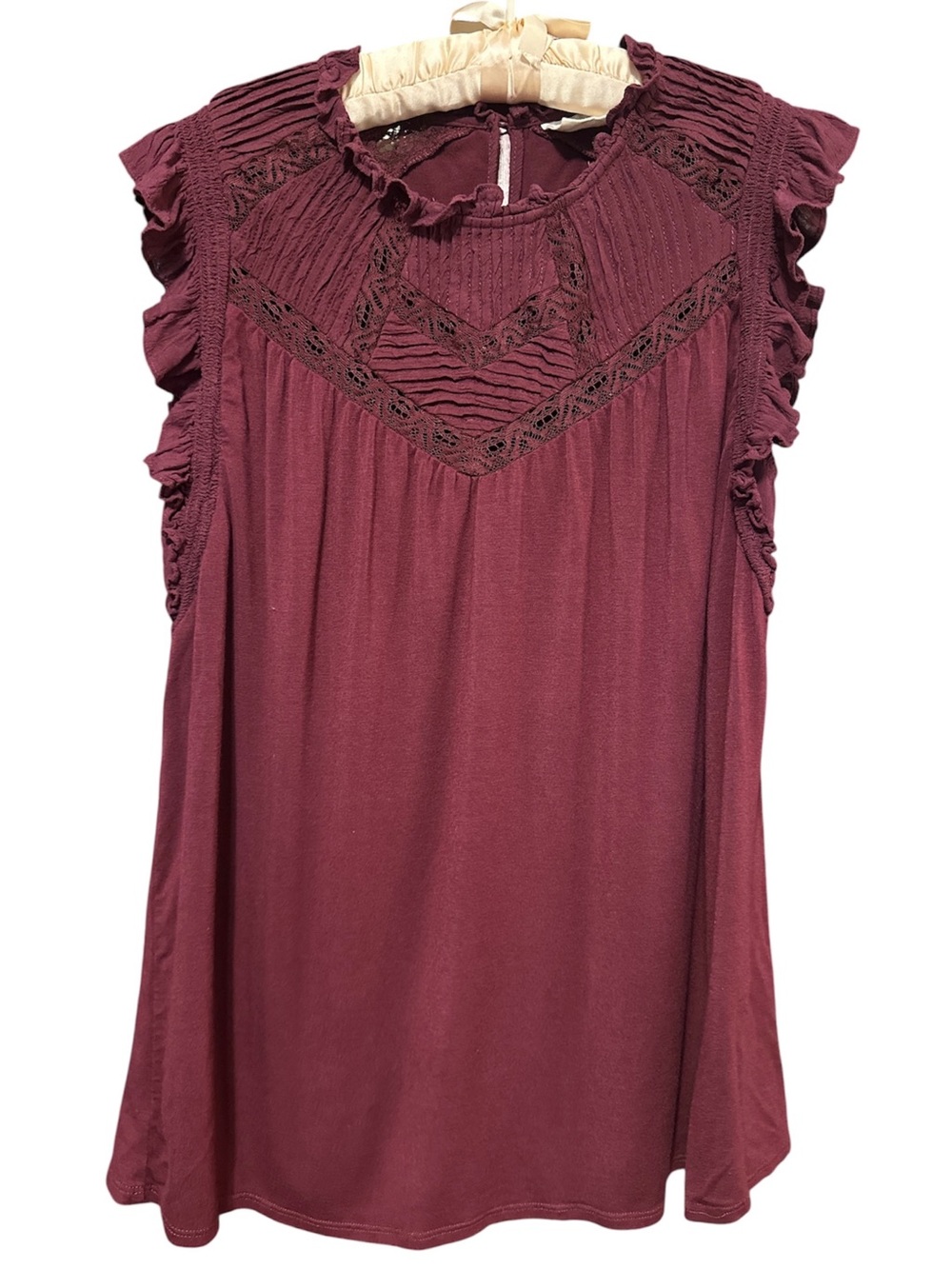 Good Hart Sleeveless Lace Yoke Ruffle Blouse in Burgundy SZ M
